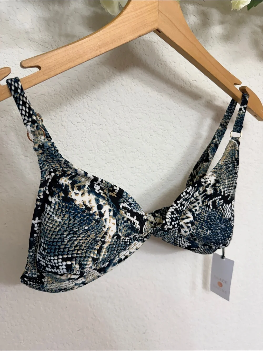 Shade & Shore • Snake Print Triangle Bikini Swim Top in Black, White & Blue